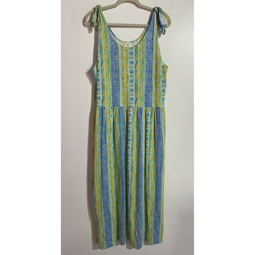 Vtg Susan Bristol‎ Dress L Blue Maxi Boho Vacation Cottagecore Floral Tropical